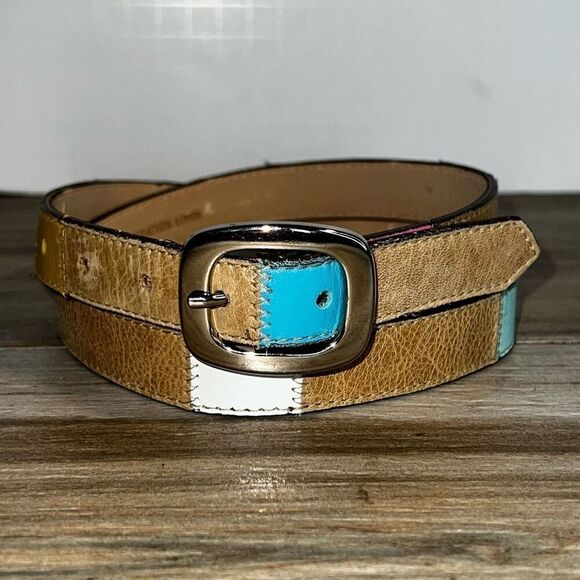 Elite Accessories - Elite Accessories Patchwork Leather Belt Women’s Medium Tan Multi Colored Silver